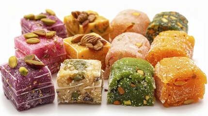 Wall Mural - Assorted colorful square sweets topped with various nuts and seeds, presenting a vibrant and appealing array, AI generated