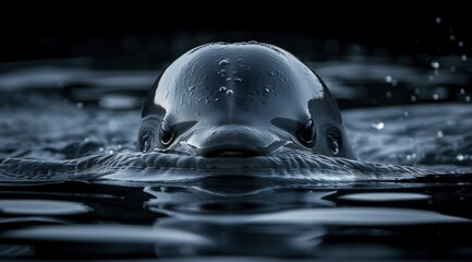 Poster - monochrome close-up of a vaquita porpoise (phocoena sinus) or cochito head emerging from water, ai g