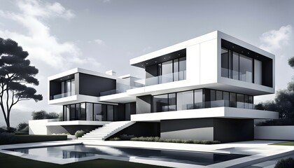 Poster - Rendering of a modern real estate residential house in clean geometric forms in black and white, AI generated