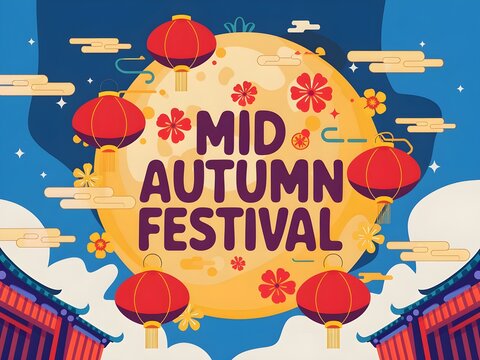 Mid-Autumn Festival Illustration with Lanterns and Full Moon