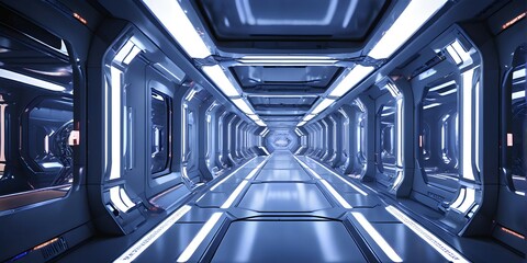 Poster - Three dimensional render of futuristic corridor inside a spaceship or space station, AI generated