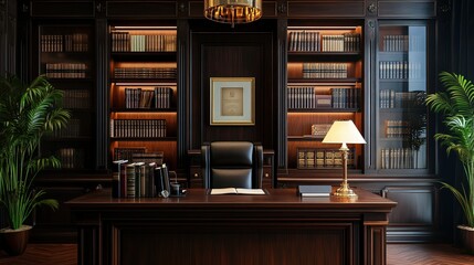 Poster - luxurious executive office with a dark wooden desk, leather chair, and bookshelves filled with neatly arranged books