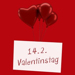 Aufkleber - Four shiny red balloons with the German words 14. February Valentines Day on a red background, 3d rendering