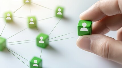 Fototapete - Glowing green cube network held in hand, digital art depicting interconnected technological matrix and abstract 3d render