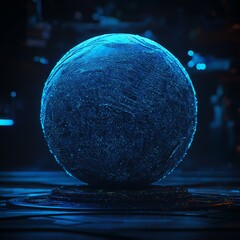 Poster - Abstract 3D sphere with twist lines, creating glowing lines that form a futuristic logo design, resembling an outer space object. The design features sphere particles rendered in a 3D style