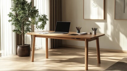 Poster - office space with a spacious wooden work desk, a laptop, stationery, and a plant, creating a calm and productive work environment.