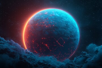 Poster - a conceptual blend of a worldwide network covering earth, with the metaverse at the heart and a seam