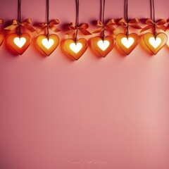 Poster - Heart-shaped glowing lights in a row on a pink background with bows, Hearts on defocused background