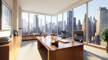 Poster - office space with sleek wooden desks, ergonomic chairs, and large glass windows offering a view of a bustling city skyline