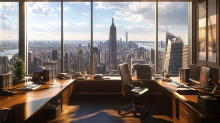 Poster - office space with sleek wooden desks, ergonomic chairs, and large glass windows offering a view of a bustling city skyline