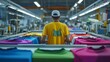 © Аліна Гранатова - Worker inspects colorful t-shirts in a textile factory during the afternoon hours