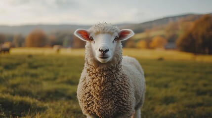 Poster - A fluffy sheep stands gracefully amidst soft grass in a picturesque meadow, surrounded by gentle hills