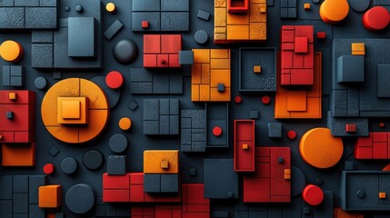 Poster - Abstract geometric shapes in red, blue, yellow, and black. Modern art design. Background image of 3D rendering geometric shape with vibrant color. Modern and creative artwork design. Poster. AIG51.