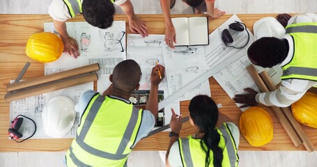 Poster - Above, architecture or people in office for planning, building design or strategy at table. Engineer team, collaboration or blueprint in agency for home renovation, urban development or construction