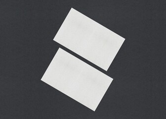 Poster - Two white squares tilted and overlapping on a black background, Blank white Business card mockup stacks at grey textured paper background
