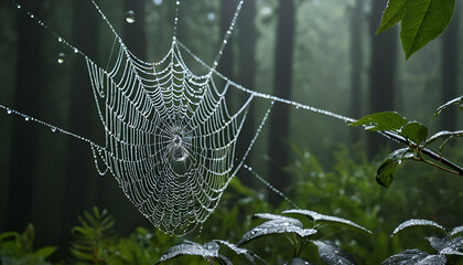 A spiderweb sparkling with raindrops against a forest backdrop

