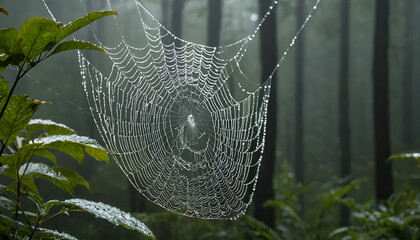 A spiderweb sparkling with raindrops against a forest backdrop
