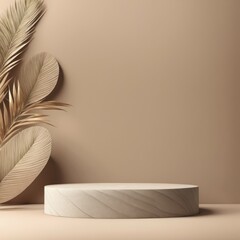 Wall Mural - Minimalistic beige setting with a round podium and stylish dried tropical leaves creating a serene atmosphere, AI generated