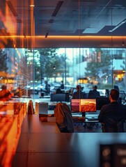Poster - Warmly lit office environment with workers during the evening, reflecting the city's night lights, AI generated