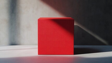 Poster - Red Cube Minimalist Product Display with Sunlit Shadow