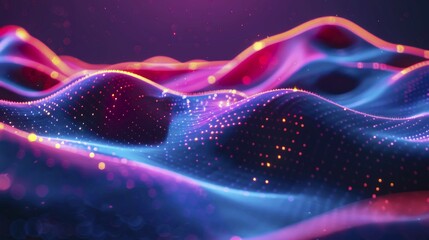 Poster - Abstract digital artwork with neon pink and blue colors and light particles against a dark background, AI generated