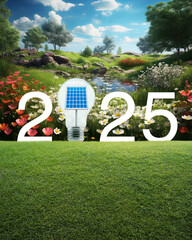 Wall Mural - 2025 white text and light bulb with solar cell inside on green grass field over beautiful colourful flowers blooming field on mountain, Happy new year 2025 ecological cover concept