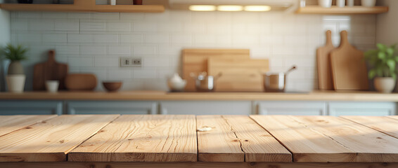 Wall Mural - wooden table on blurred kitchen bench background. empty wooden table and blurred kitchen background