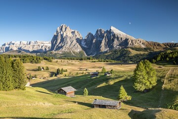 Wall Mural - Alpine huts on the Seiser Alm, view of Sassolungo and Plattkofel, Dolomites, South Tyrol, Italy, Europe