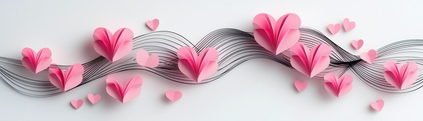 Poster - Delicate Pink Paper Hearts Design with Flowing Lines and Soft Background Aesthetic for Creative Projects