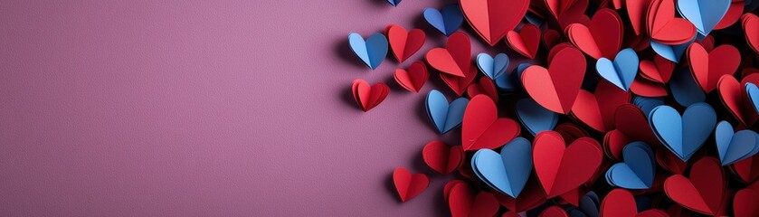 Poster - Contemporary Scattering of Red and Blue Paper Hearts on a Soft Purple Background