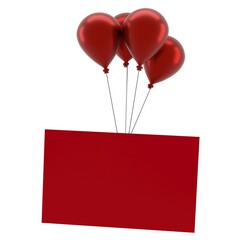 Poster - Four shiny red balloons with a blank red card on a white background, 3d rendering
