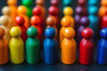 a row of colorful wooden figurines standing together in a vibrant display of diversity