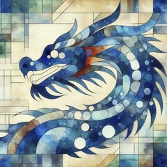 Poster - Fluid abstract geometric mosaic of a dynamic dragon in cool blue tones, square aspect, AI generated