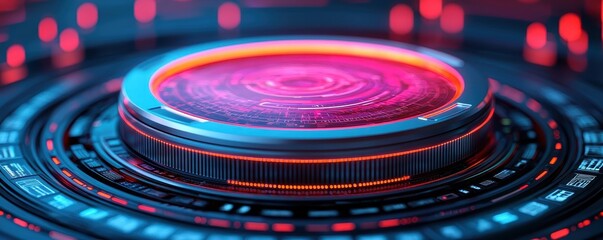 Poster - A futuristic, glowing interface features a circular button surrounded by vibrant digital patterns in blue and red hues.