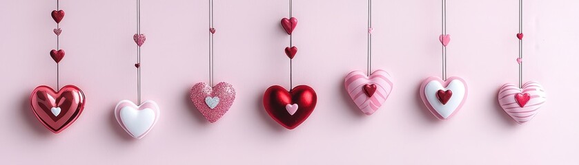 Poster - Minimalist Valentines Card Design with Suspended Hearts on Soft Pink Background