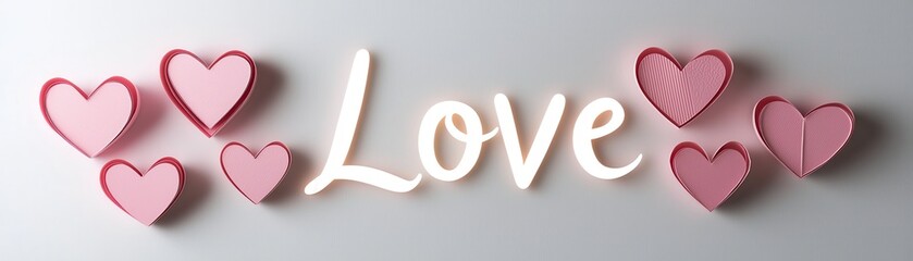 Poster - Minimalist Pink Hearts and Love Phrase on Paper Background in Soft Romance Aesthetic Design