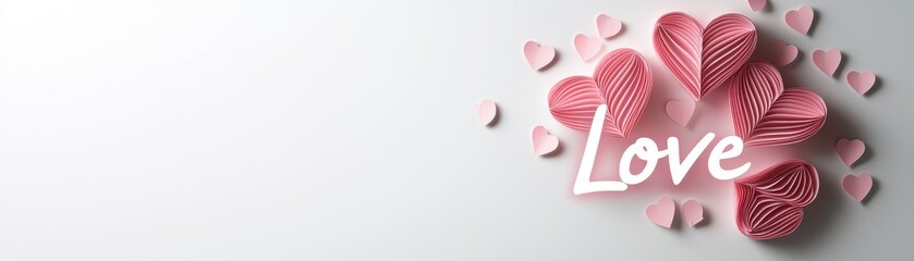 Poster - Minimalist Pink Paper Hearts with the Phrase Love on a Soft Background for Romantic Themes and Designs