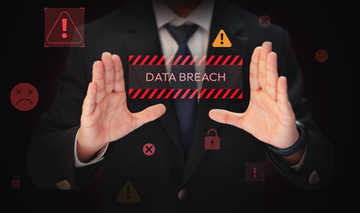 Poster - Data breach and system hacking concept with floating designs in alarming red color, background. System compromised, unauthorized access design backdrop