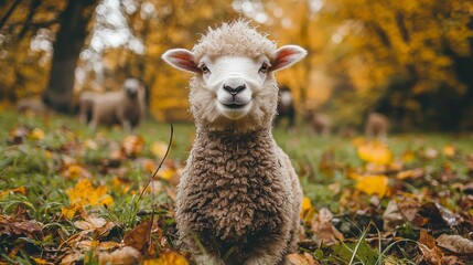 Aufkleber - A fluffy sheep stands peacefully in a meadow adorned with vibrant autumn leaves. Surrounded by nature, it embodies tranquility amid the colorful scenery. Soft wool glows in the gentle sunlight