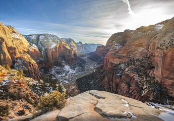 Wall Mural - View from Angels Landing into Zion Canyon with Virgin River, Angels Landing Trail, in Winter, Mountain Landscape, Zion National Park, Utah, USA, North America