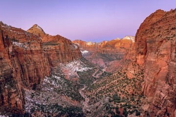 Wall Mural - View from Canyon Overlook into Zion Canyon with snow, at sunrise, back left Bridge Mountain, Zion National Park, Utah, USA, North America