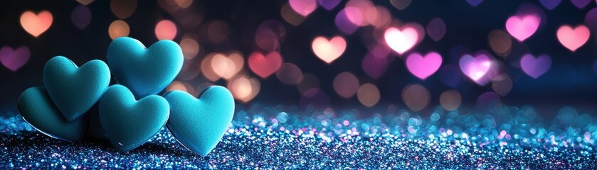 Vibrant Turquoise Hearts on Sparkling Blue Background with Glittering Bokeh Lights