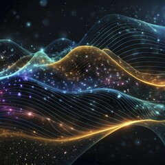 Poster - Digital art of wavy blue and orange lines with shiny, dotted textures flowing against a dark background, AI generated