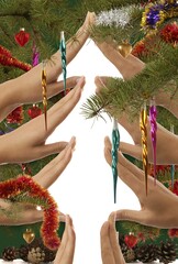 Poster - Creative Christmas tree made from hands on white background