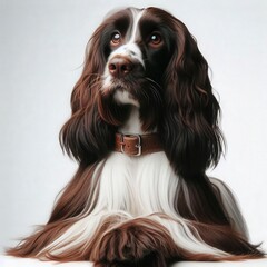 Poster - A stunning springer spaniel with a rich brown and white coat rests gracefully, exuding charm and intelligence. Its soulful eyes reflect a calm and curious spirit in a cozy indoor setting