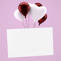 Poster - Six shiny balloons with a blank card on a pink background, 3d rendering