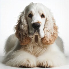 Poster - A fluffy cocker spaniel relaxes on a plush surface, its striking coat shimmering in soft sunlight. The dog exudes calmness and charm in this peaceful indoor space