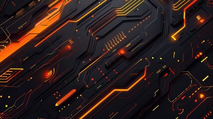 Poster - Glowing orange circuit board with detailed lines and patterns on a dark background. Digital art for design. Abstract image of wireframe or motherboard with glowing color with electronic parts. AIG53.
