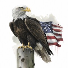 Wall Mural - Bald eagle in front of american flag, AI generated