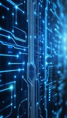 Poster - Abstract Blue Digital Circuit Board, Glowing Lines and Dots on Dark Technology Illustration